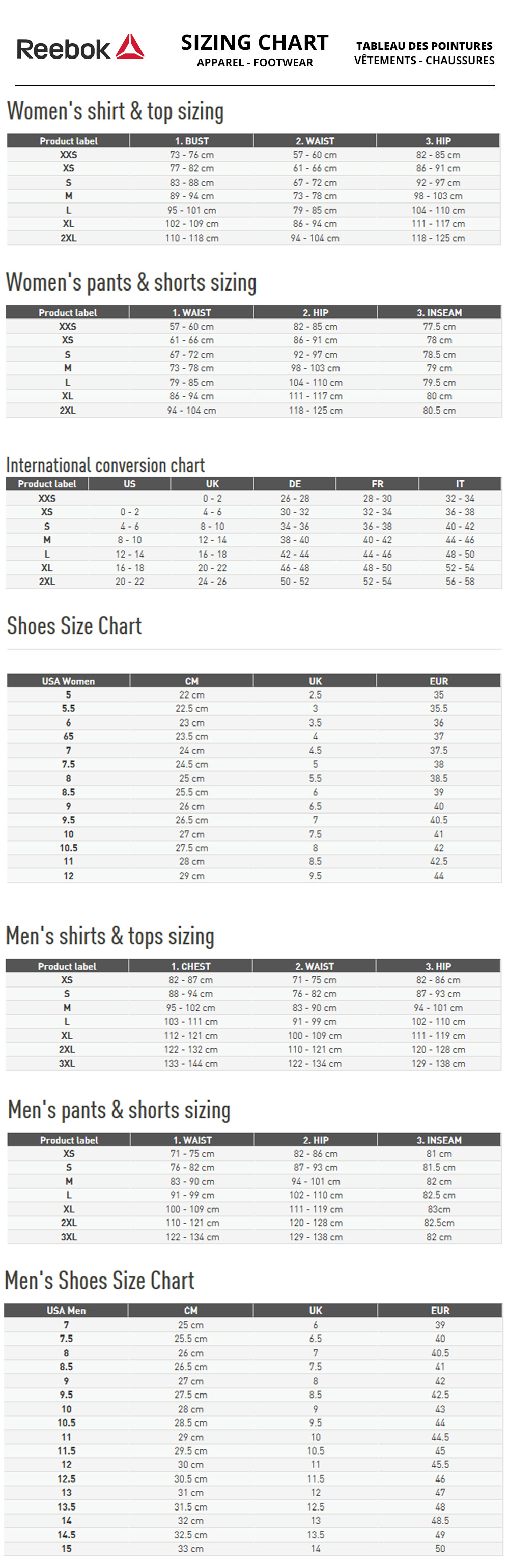 reebok shoe size chart compared to puma