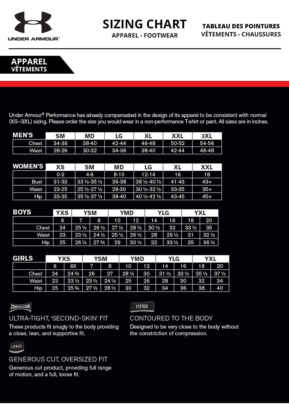 under armor compression shorts size chart
